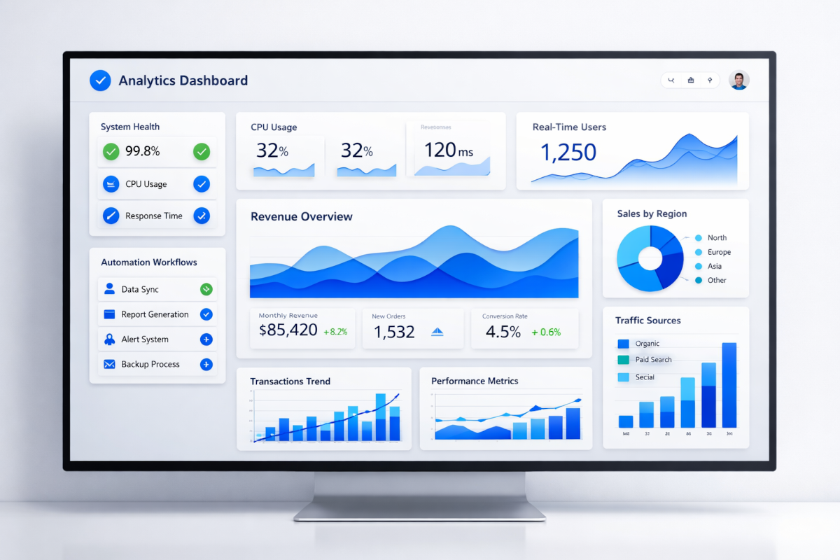Analytics dashboard showing system health metrics, revenue overview, and automation workflows